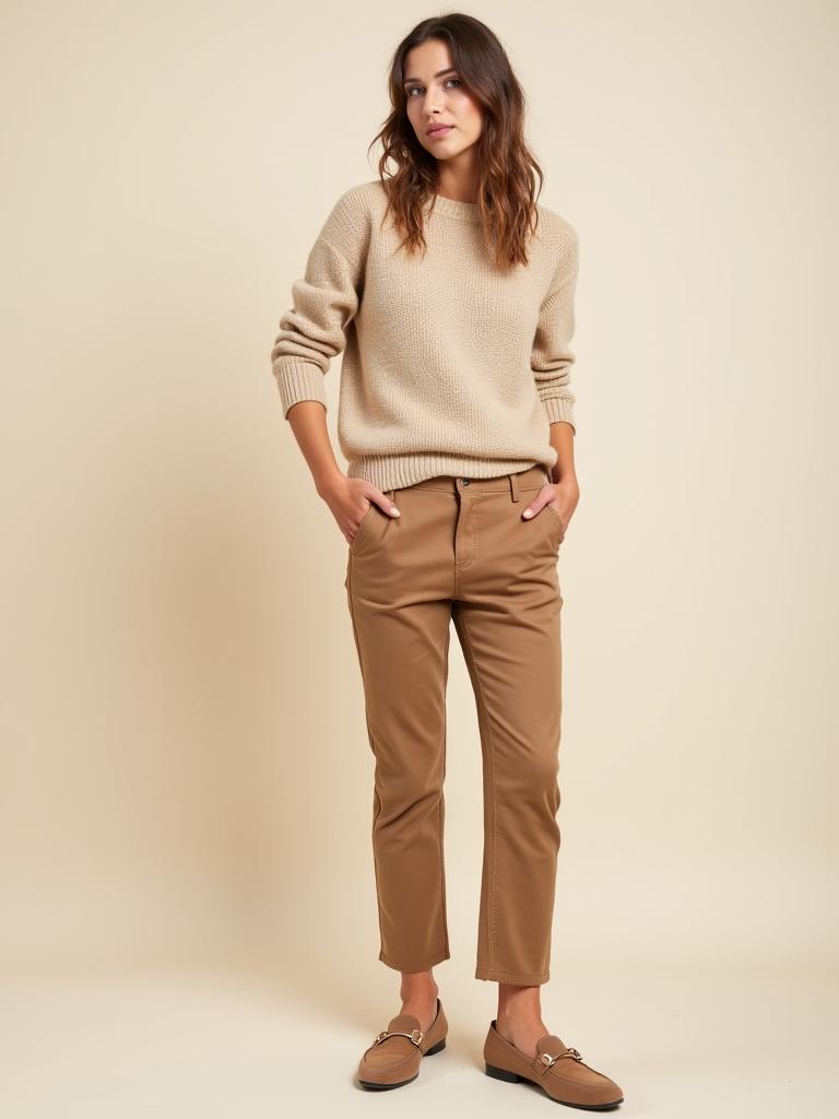 Combinación de jersey de cachemira y pantalones chinos para un look casual elegante.